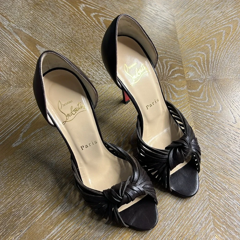 CHRISTIAN LOUBOUTIN Brown Leather Peep-Toe 4”  Heels 36 - Picture 2 of 13